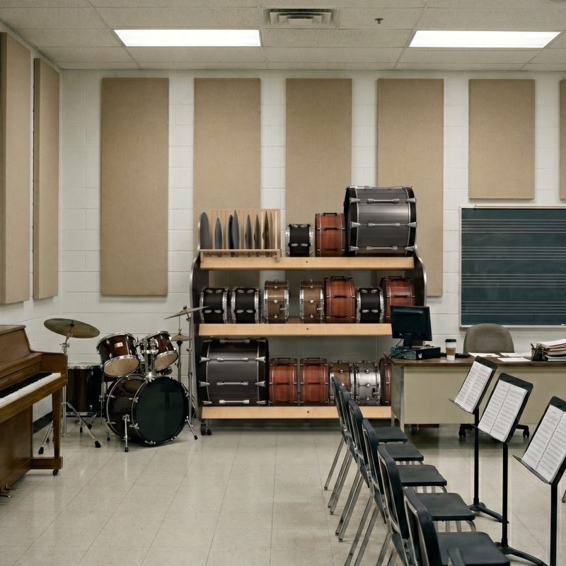 drum rack in a classroom with a piano, drumset and chalkboard