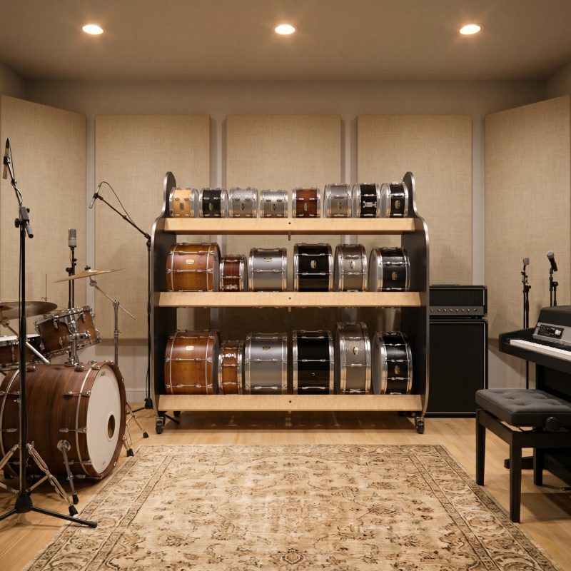 drum storage rack next to drumset and keyboard in the live room of a recording studio