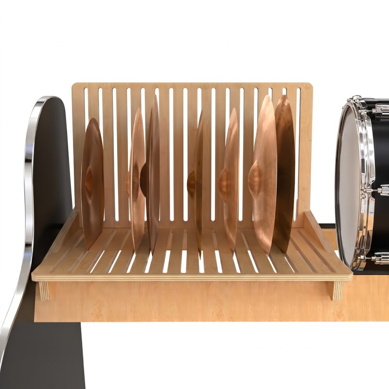 closeup of cymbals and drums on shelves