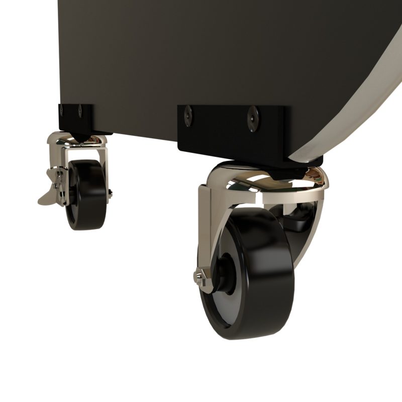 swivel casters attached to the bottom of a black side panel