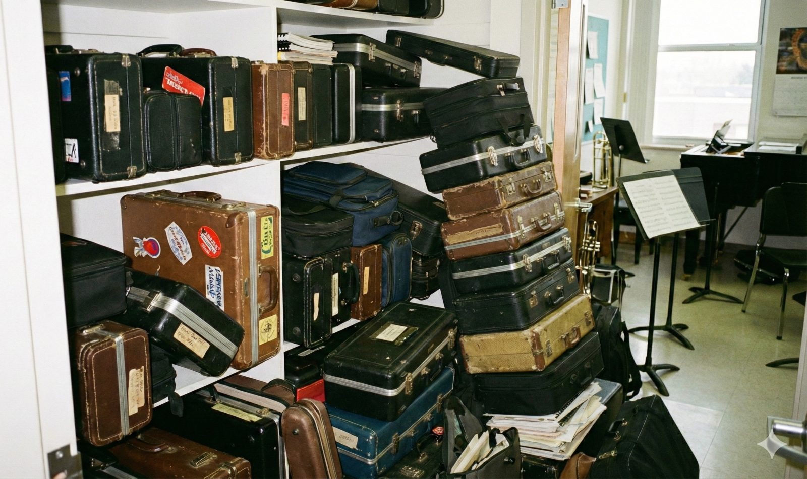 piles of instrument cases on shelves in a closet next to a music classroom