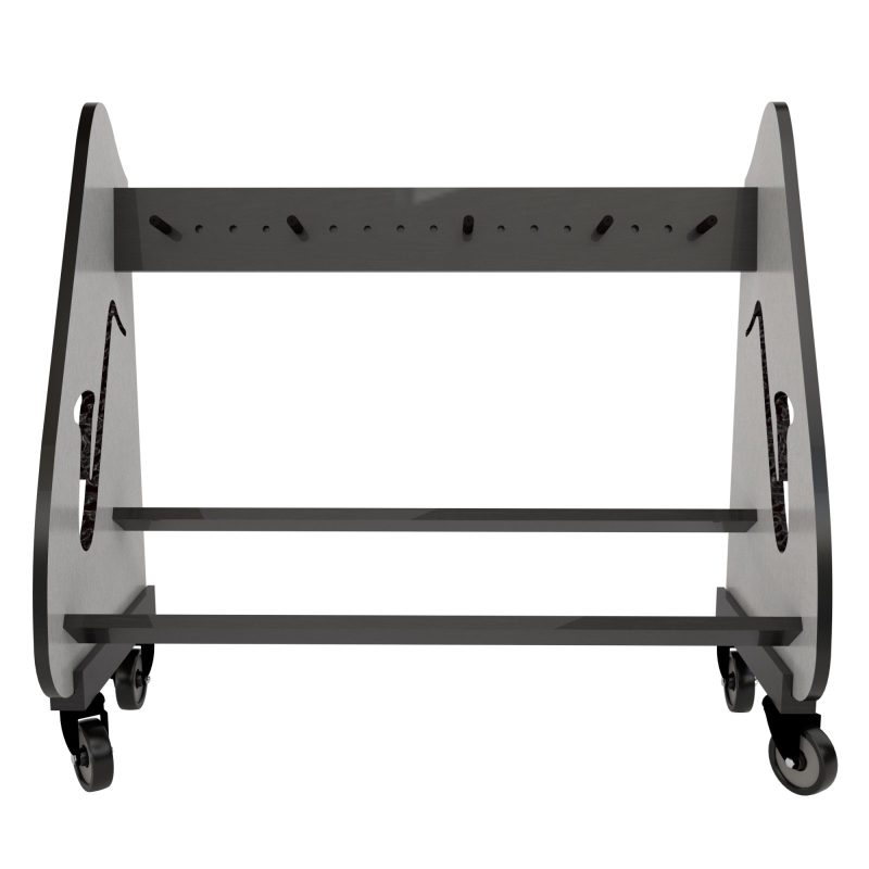 front view of an empty saxophone rack, on wheels