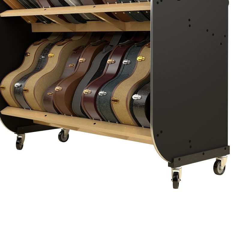 bottom tier of a guitar case shelf rack with wheels