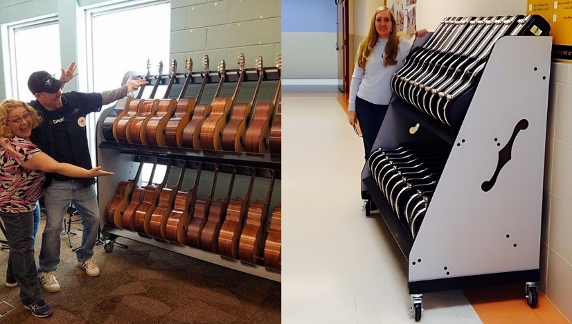 music teachers standing by their instrument racks