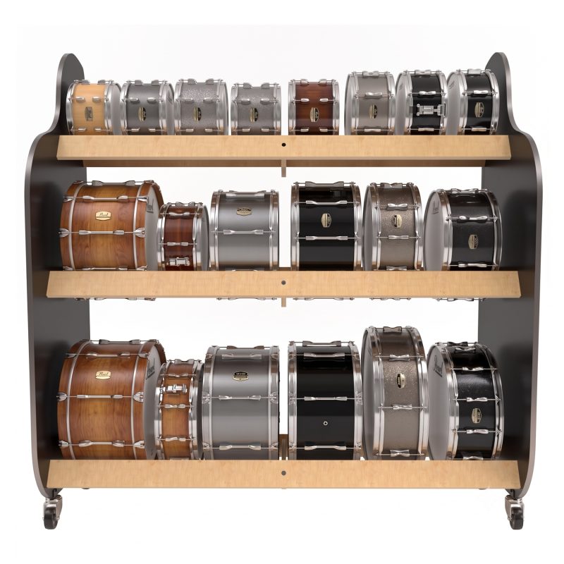 three tiered drum shelves on wheels