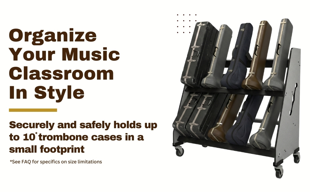 grey rack holding trumpet cases
