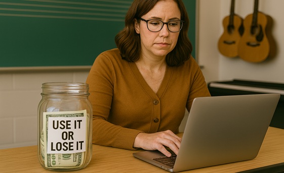 music teacher typing on a laptop next to a money jar that says "Use It or Lose It"